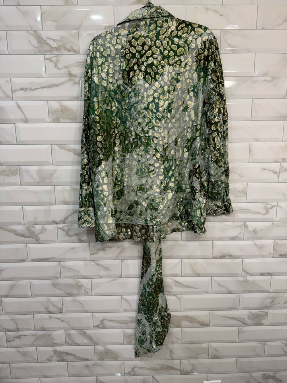Marina Rinaldi Green Patterned Long-Sleeve Blouse with Removable Scarf - Picture 2 of 10